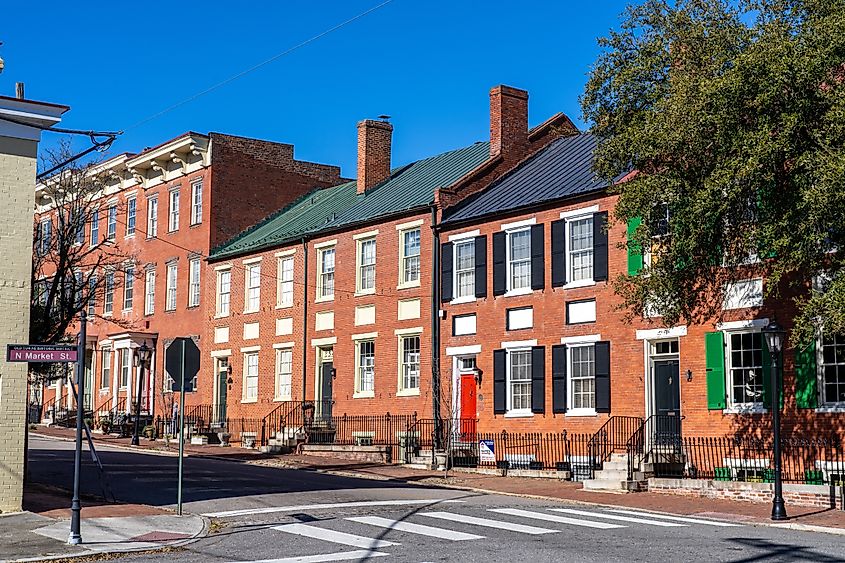 Historic brick buildings along a street in Petersburg, Virginia