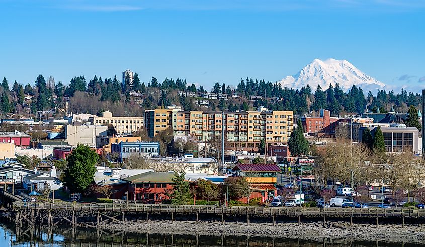 Waterfront buildings in the town of Olympia, Washington.