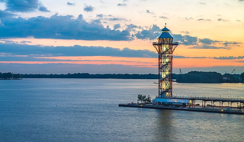 Erie, Pennsylvania, and tower on Lake Erie at dusk.