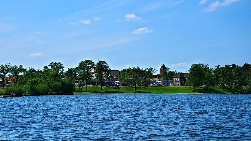 Downtown Bemidji, Minnesota viewed from a boat on Lake Bemidji on a sunny day