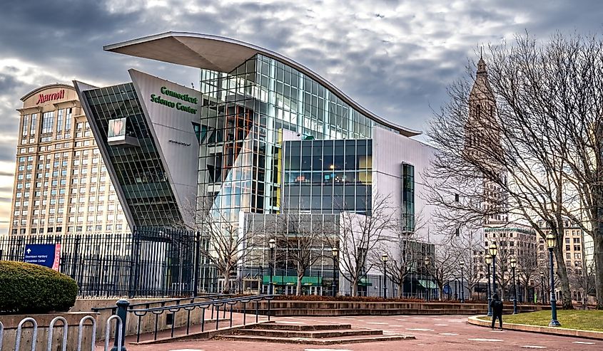 Connecticut Science Center, a nine-story museum located on the Connecticut River in Hartford.