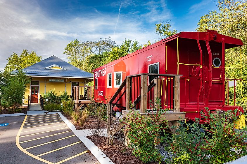 The relocated Chuckey train depot and a caboose from the Southern Railway are displayed in historic Jonesborough, TN.