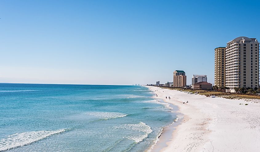 Scenic View of Navarre Beach, Florida with people walking on the beach.