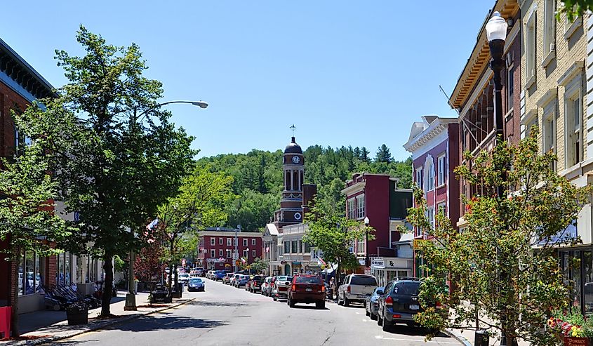 Main Street in village of Saranac Lake in Adirondack Mountains, New York