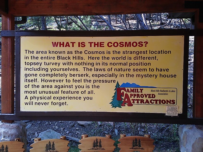 Signboard outside the  Cosmos Mystery Area, South Dakota