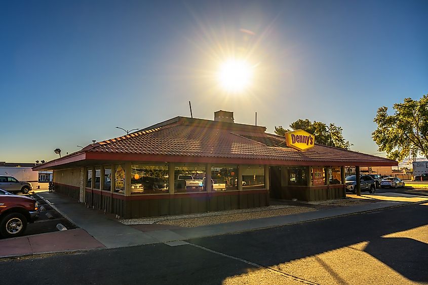 Sunrise over a vintage Denny's restaurant in Ridgecrest, California