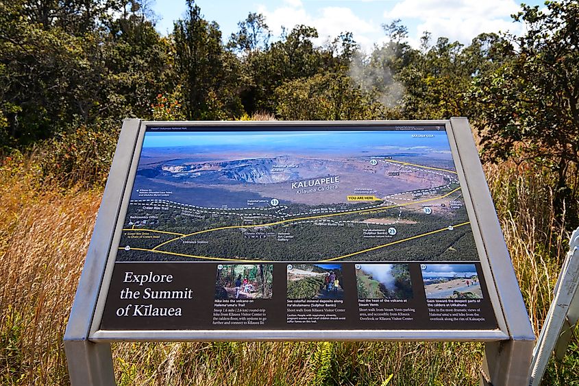 Information board displaying a map of the Kilauea volcanoes at Hawaiian Volcanoes National Park in Pahoa, Hawaii