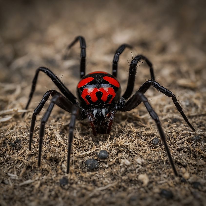 Black Widow Spider, showcasing its glossy, jet-black body with the signature red hourglass shape on its underside