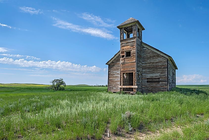 Abandoned wooden Cottonwood Lutheran Church on the plains near Havre, Montana