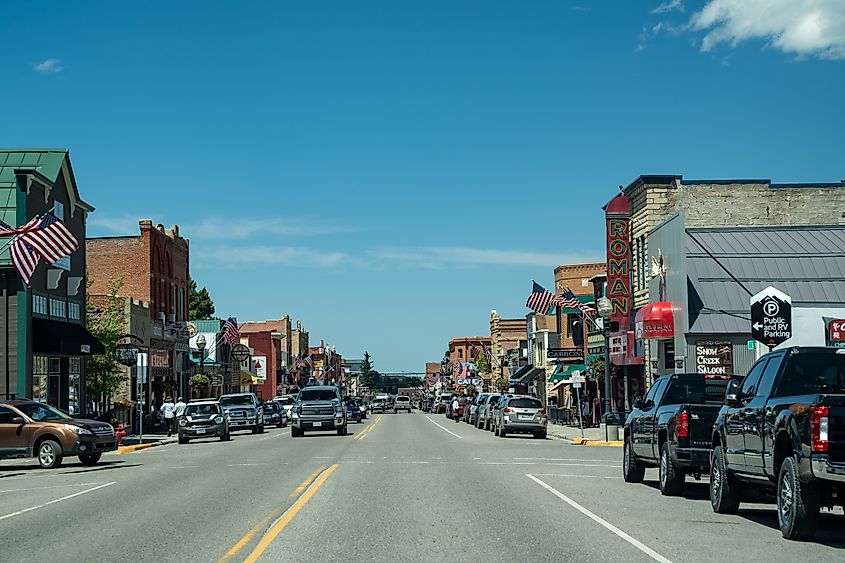 The bustling downtown area of Red Lodge, Montana