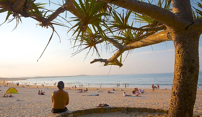 A man wearing an "Australia" cap sits overlooking Noosa main beach at Noosa Heads, Queensland.