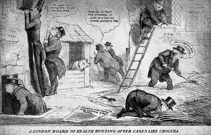 Cartoon A London Board of Health hunting after cases like a cholera. Image via wikimedia.jpg