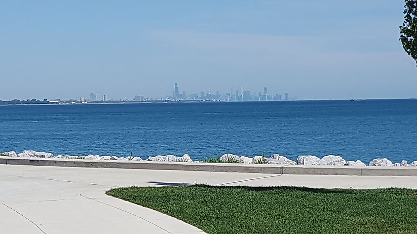 Lake Michigan stands between the lakefront of Whiting Indiana and Chicago