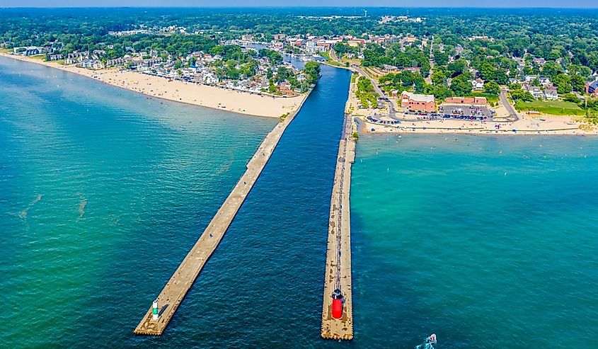 Aerial view of the South Haven Lighthouse on Lake Michigan