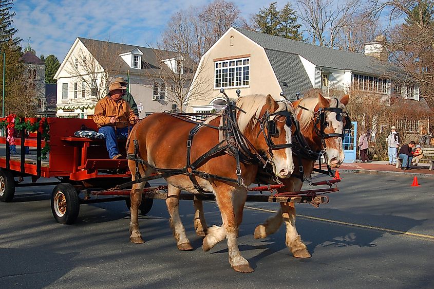 A horse drawn cart takes riders on a tour of historic Stockbridge Massachusetts during a street festival, via James Kirkikis / Shutterstock.com