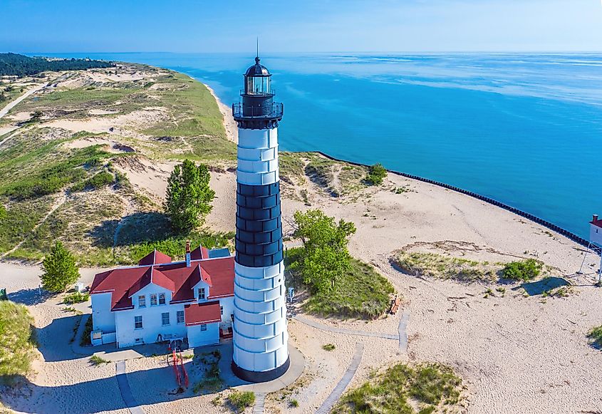 Aerial view of Big Sable Point Lighthouse near Ludington, Michigan; Ludington State Park