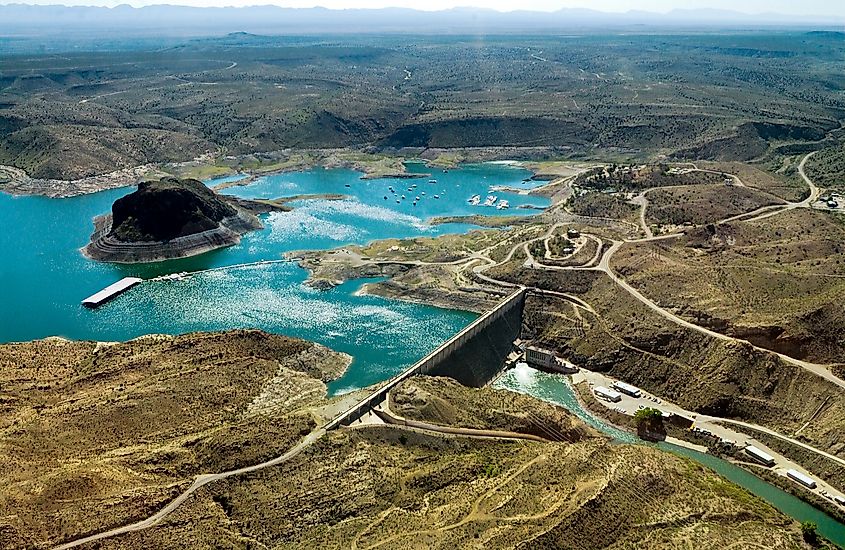 Elephant Butte Lake in New Mexico, a large reservoir surrounded by desert landscapes and rocky formations.