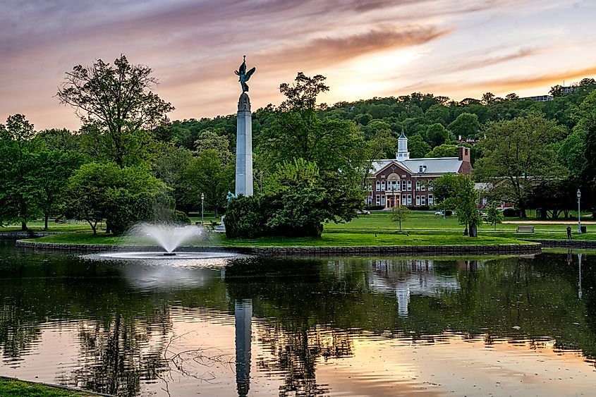 Sunset view of the Soldiers and Sailors Memorial in Edgemont Park, Montclair, New Jersey.