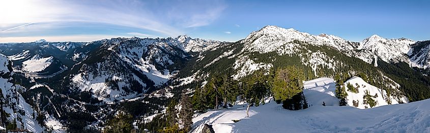 Panoramic winter view of Snoqualmie Pass from the summit of Guye Peak, Cascade Mountains, Washington