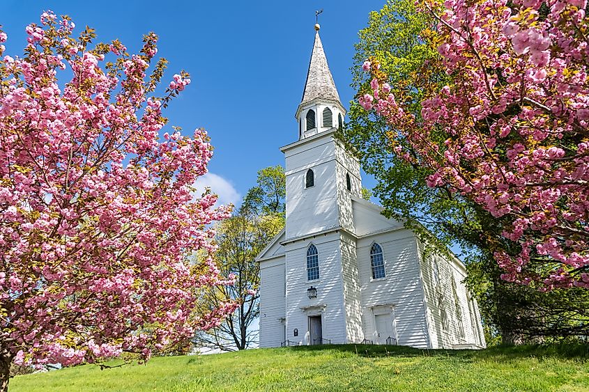 Landscape view of the historic Old School Baptist Meeting House in the center of Warwick, NY