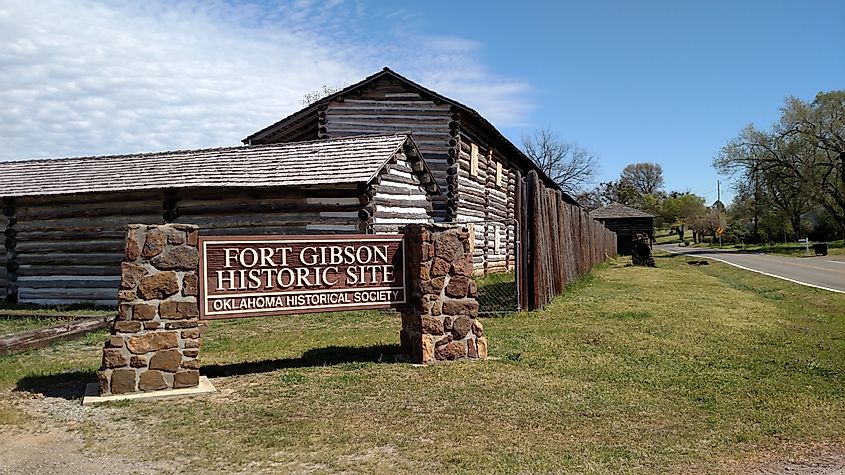 The front entrance of Fort Gibson Historic Site in Fort Gibson, Oklahoma