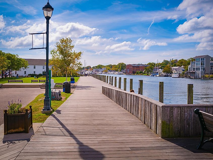 Tranquil landscape of Mystic boardwalk in Connecticut.
