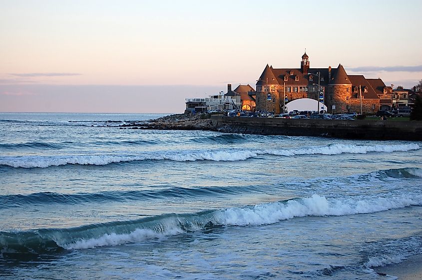 Tower landmark building in the distance in Narragansett Beach, Rhode Island.