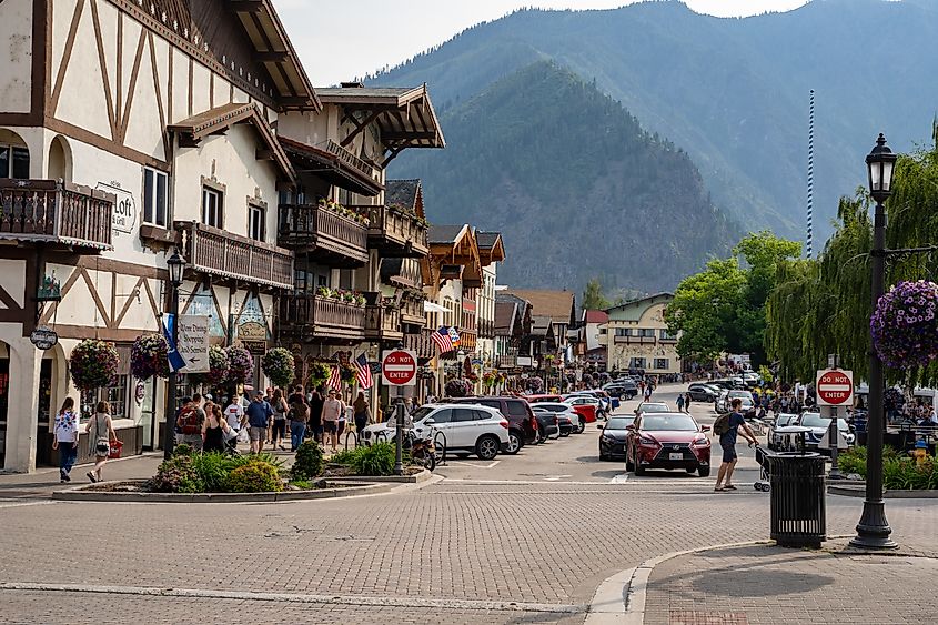 Shops and restaurants in downtown Leavenworth, Washington, a Bavarian-style town nestled outside the Cascade Mountains.