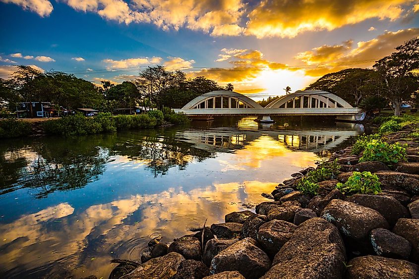 Sunrise over the Anahulu Stream Bridge in Haleiwa, Oahu, Hawaii.
