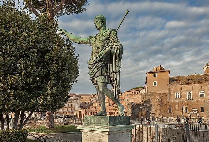 Statue of Caesar Augustus, or Octavian with Forum of Augustus in background
