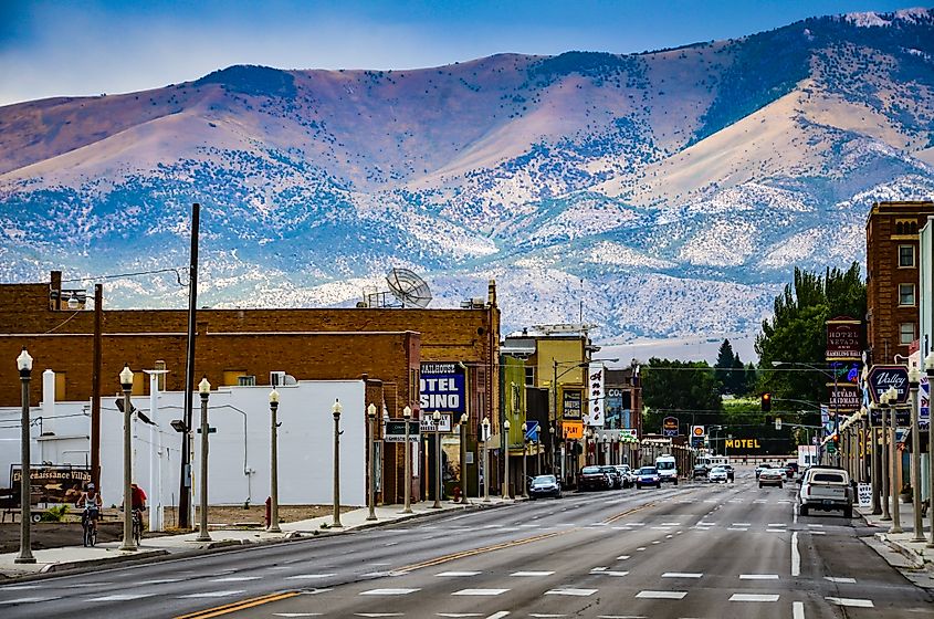 Route 50, the main street in western town of Ely, Nevada is seen against backdrop of mountain range