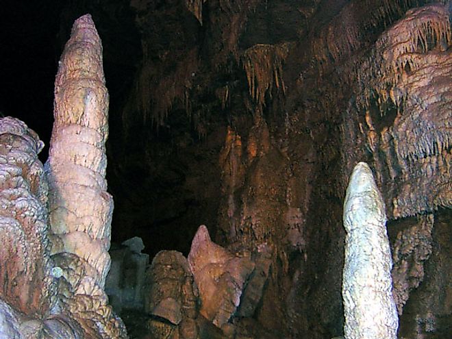 Stalagmite and stalactite formations at Lost World Caverns near Lewisburg, West Virginia. 