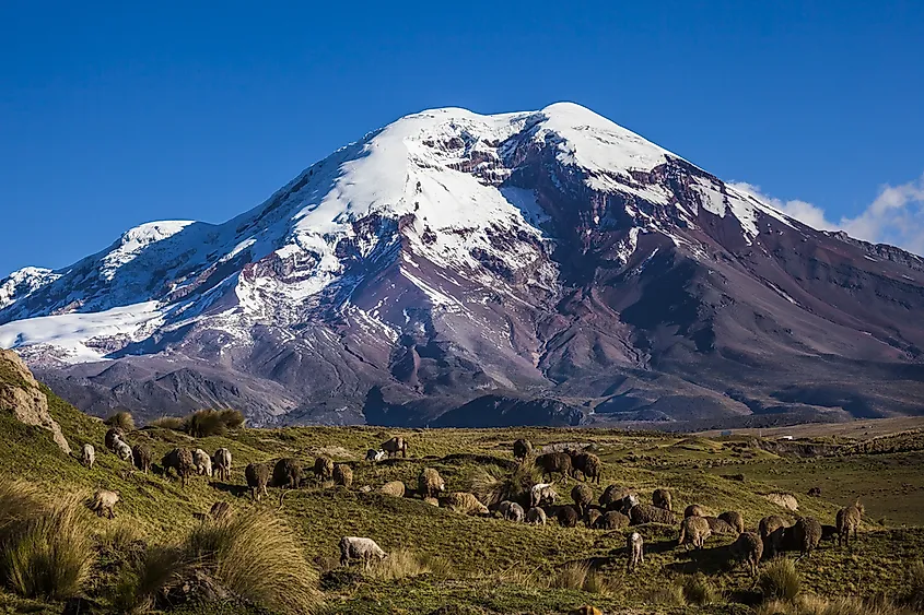 Chimborazo Mountain, an inactive volcano in the Andes mountain range, is the highest mountain in Ecuador.