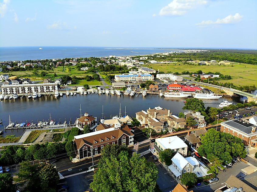 The aerial view of the beach town of Lewes, Delaware