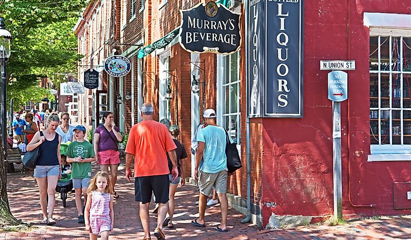 Nantucket's eclectic range of shops including high end galleries, clothes shops, souvenir stores, a bookshop and a liquor store.