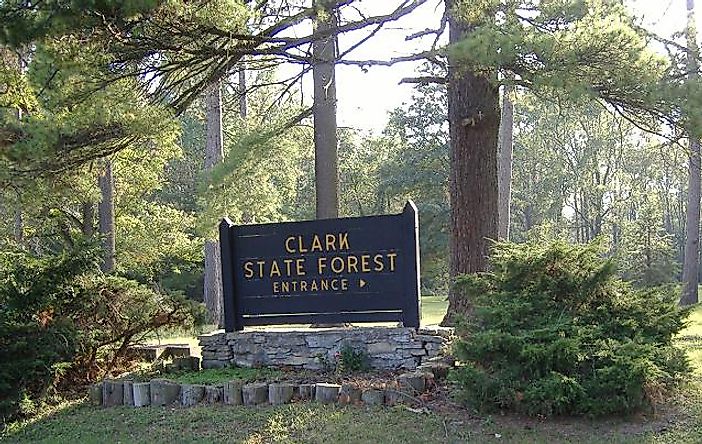 Entrance sign of Clark State Forest, north of Henryville, Indiana.