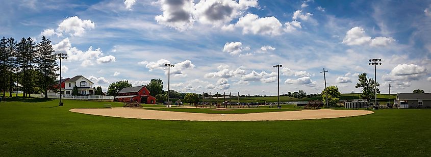 A panoramic photo of the Lansing family farmhouse and baseball diamond that was the movie set for the 1989 film Field of Dreams. Editorial credit: Bill Chizek / Shutterstock.com