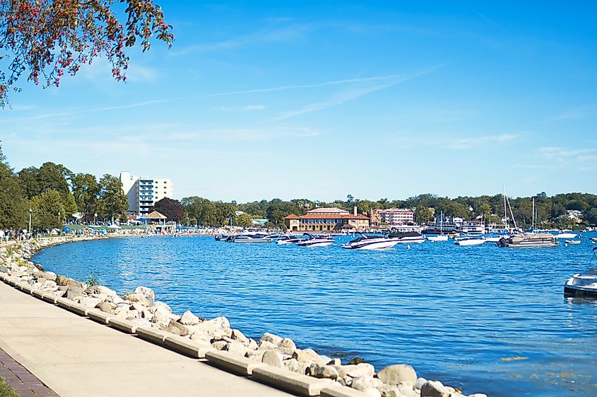 Lakeside view of Lake Geneva, Wisconsin, showcasing the serene water and surrounding landscape.