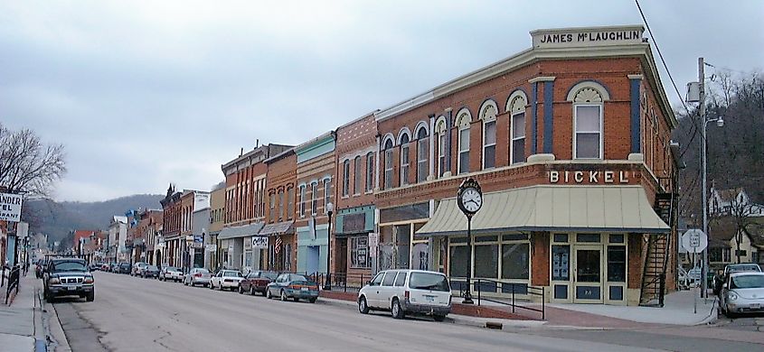 Downtown McGregor, Iowa, looking southward along Main Street from the A Street intersection