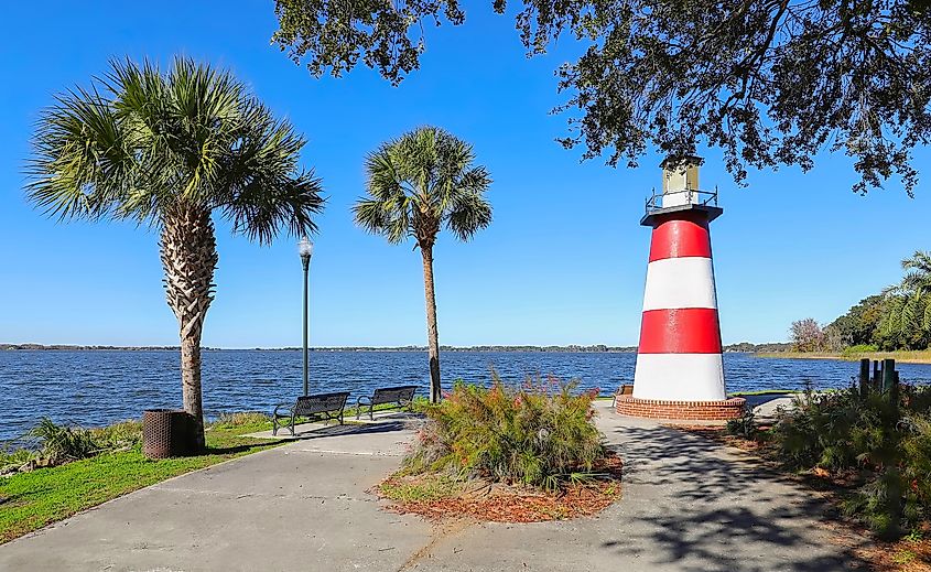 Mount Dora Lighthouse located at the Port of Mount Dora in Grantham Point Park, Florida.