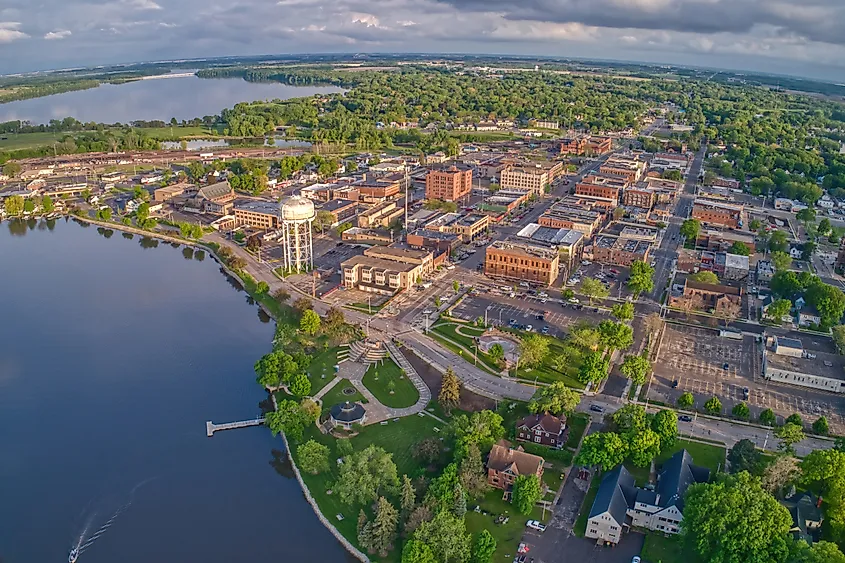 Aerial view of downtown Albert Lea, Minnesota, at dusk in summer.