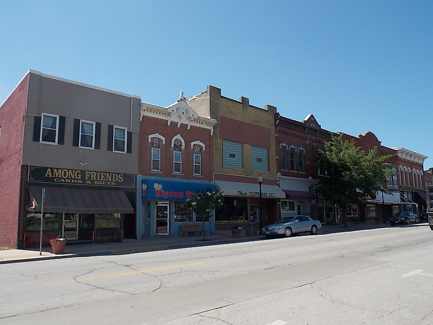 Shops along the commercial district in Tipton, Iowa.