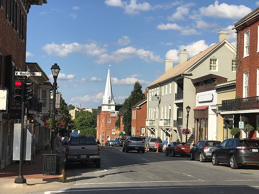 View of North Main Street, looking north, from the intersection with Washington Street in Lexington, Virginia.