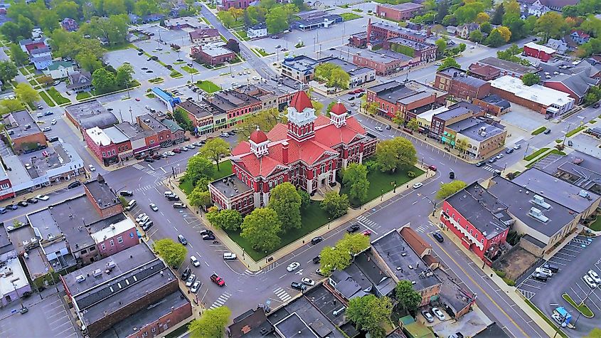 Aerial view of the town square in Crown Point, Indiana.