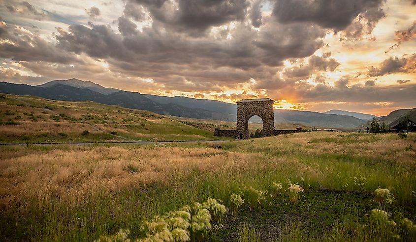 Sunset Behind Roosevelt Arch In Gardiner Montana