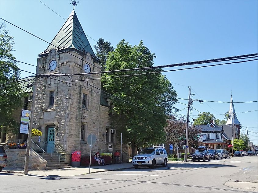 The post office of Westport, Ontario with Westport United Church visible in the background