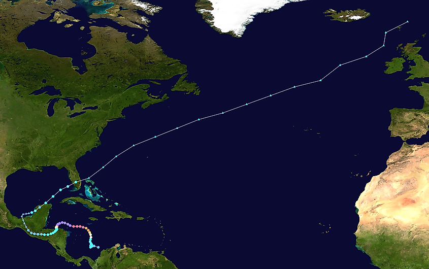 Track map of Hurricane Mitch of the 1998 Atlantic hurricane season. The points show the location of the storm at 6-hour intervals. The colour represents the storm's maximum sustained wind speeds .