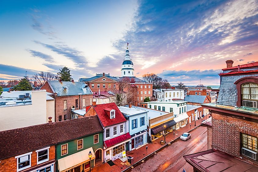 Downtown Annapolis, Maryland, USA, overlooking Main Street with the State House.