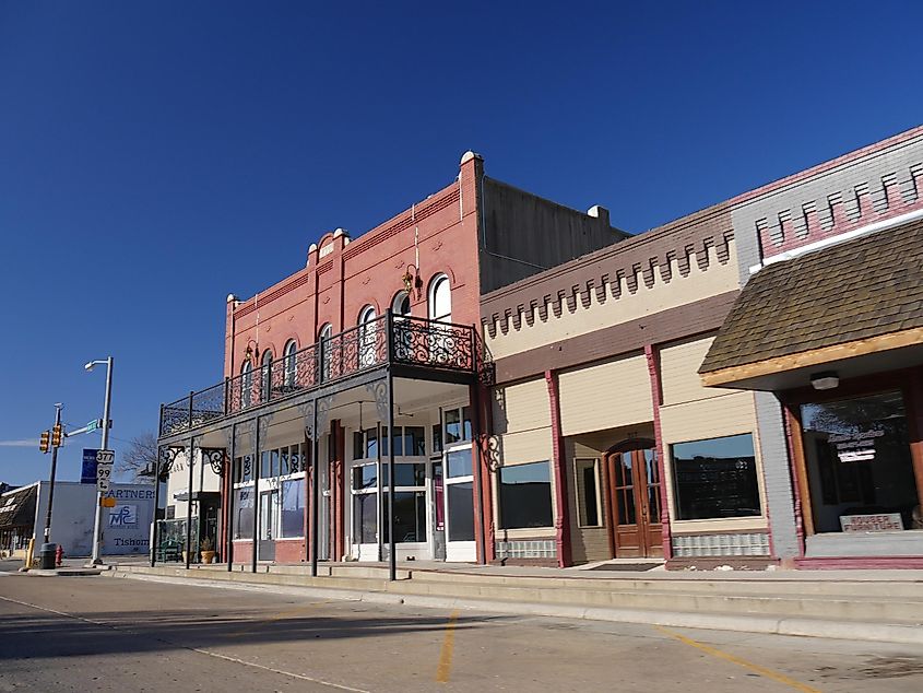 The main street of Tishomingo, Oklahoma. Editorial credit: RaksyBH / Shutterstock.com.