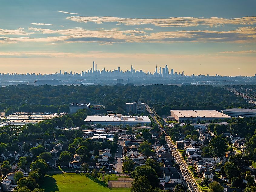 Distant skyline of New York City from the suburbs of Clifton.